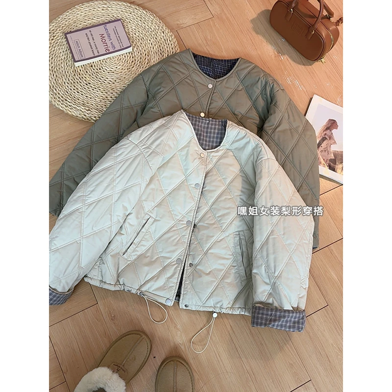 【寒霜】冬季新款两面穿韩系百搭菱格显瘦棉服休闲保暖夹棉外套女