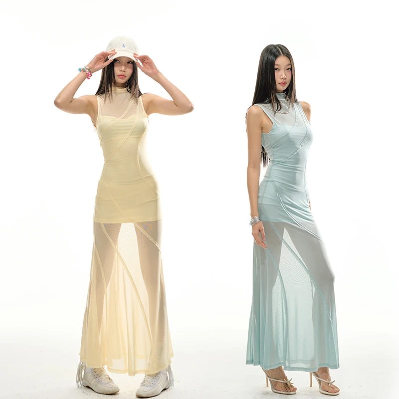 4muggle原创设计“流沙”度假裙显瘦清凉网纱连衣裙塑形性感长裙女