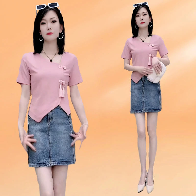 休闲大码国风正肩t恤女2025年夏季新款设计感v领短袖不规则短上衣