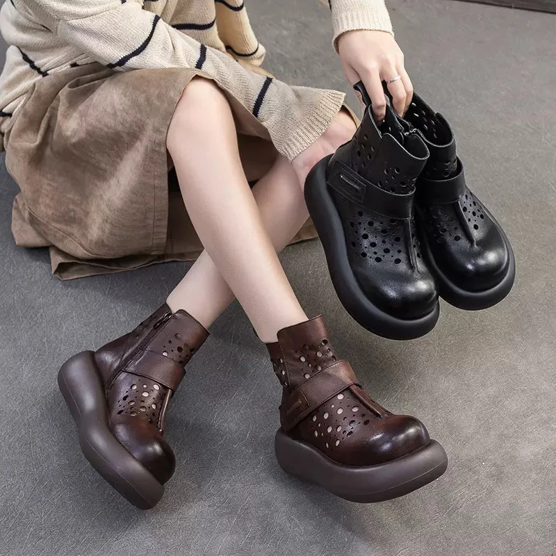 2025春夏新款头层牛皮厚底洞洞鞋复古圆头镂空凉靴真皮高帮松糕鞋
