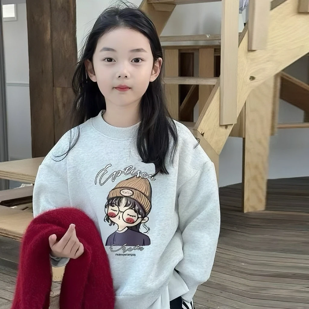 春秋女加绒套头厚款秋冬A类卫衣圆领时尚卡通