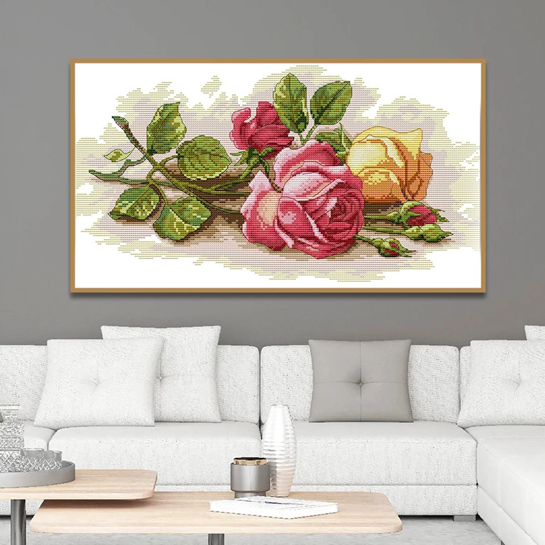 白色新款线绣十字绣 水彩玫瑰自绣刺绣diy材料包