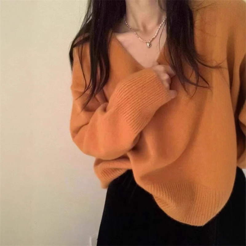 韩系V领针织衫女秋季新款慵懒风休闲宽松显瘦长袖上衣毛衣打底衫