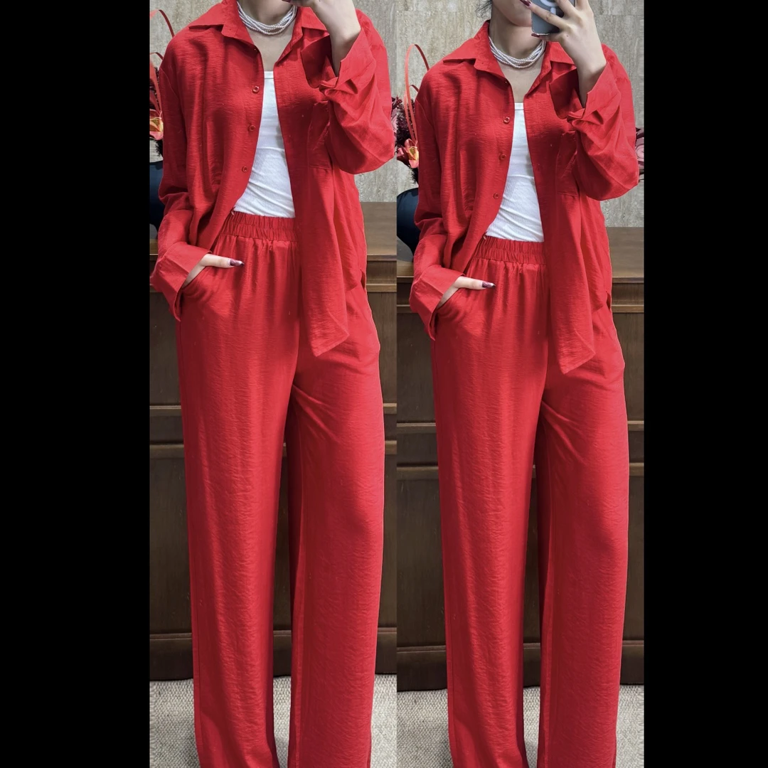 Rayhon红色脏橘色亚麻阔版衬衣搭配抽绳宽松裤套装