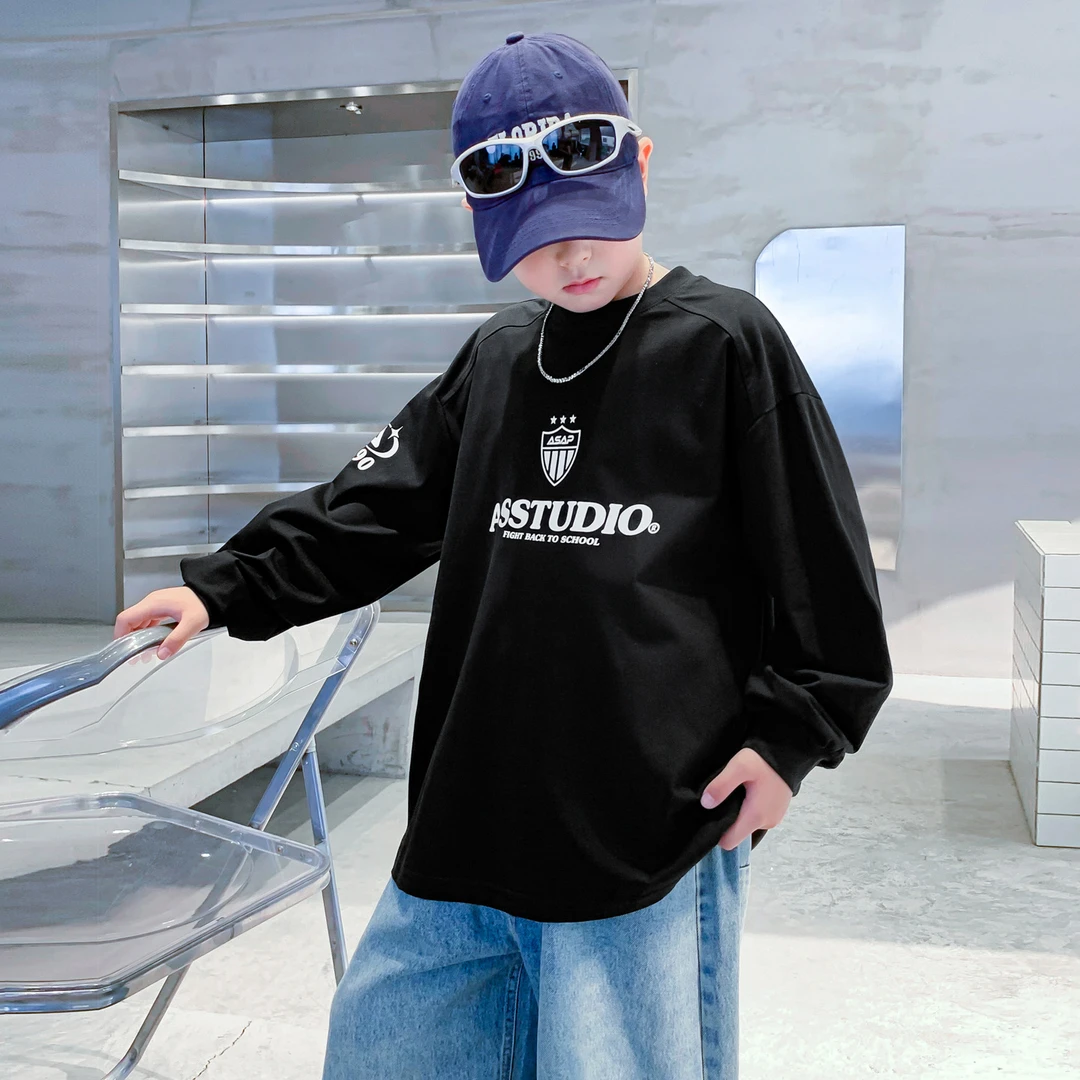 男童早秋季潮牌长袖运动T恤2025新款青少年儿童户外宽松打底上衣