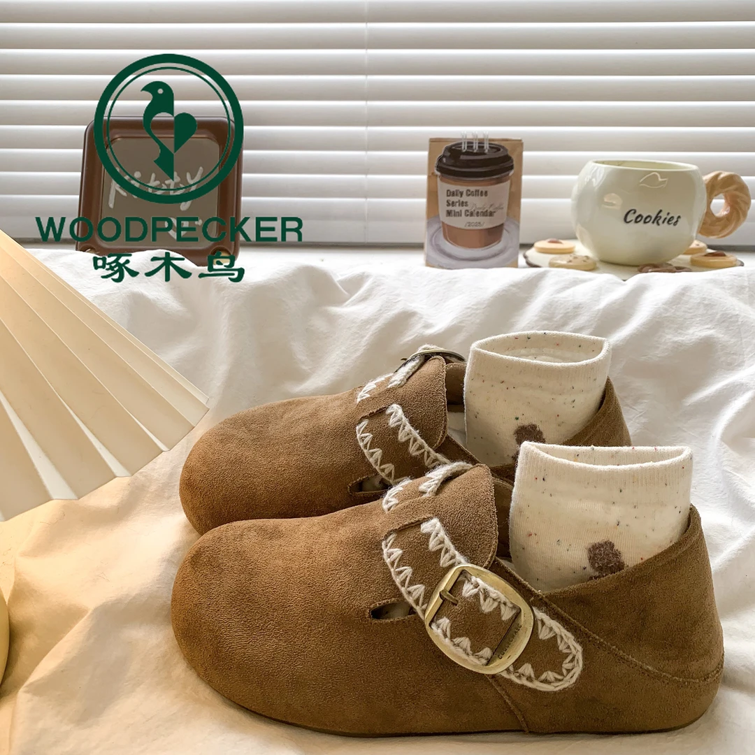 啄木鸟厚底内增高勃肯鞋女2025秋季新款一脚蹬懒人单鞋刺绣乐福鞋