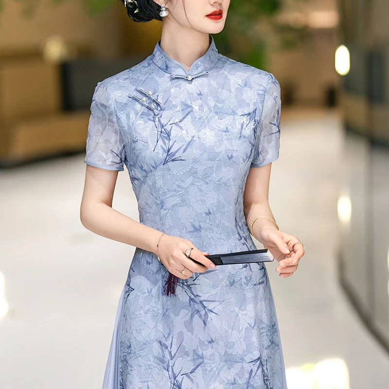 高端绝美新中式旗袍民国蓝色2025新款日常可穿晚礼服老上海连衣裙