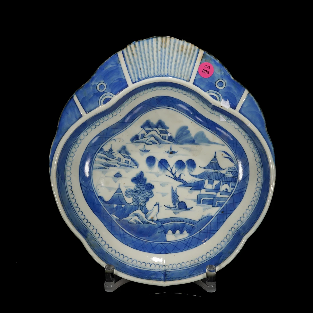 清青花山水贝壳盘/c905