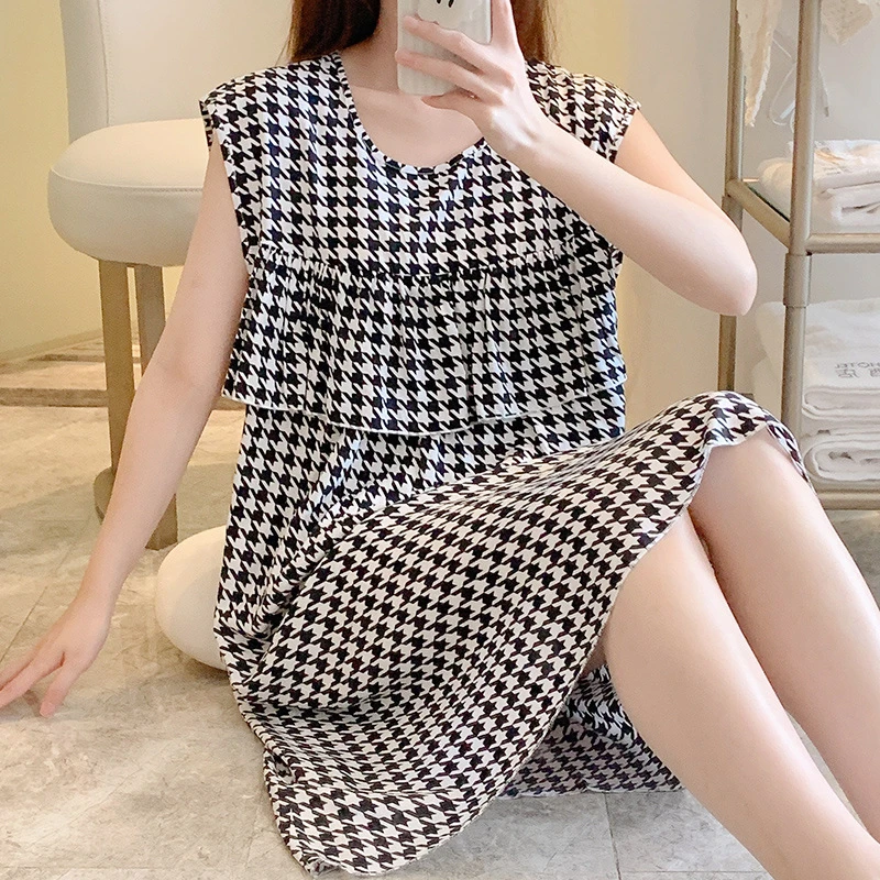 睡衣夏凉防凸点大码印花睡裙女甜美可爱家夏天少女家居服宽松棉绸