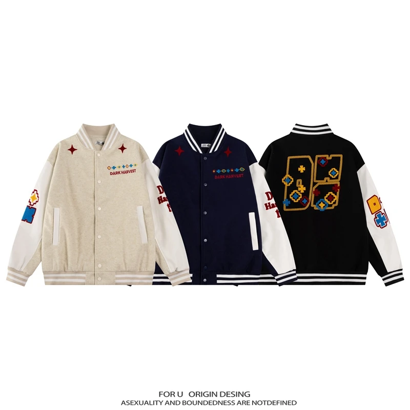 FOR U 原创国潮美式复古刺绣碎花棒球服男女秋季重磅夹克外套情侣