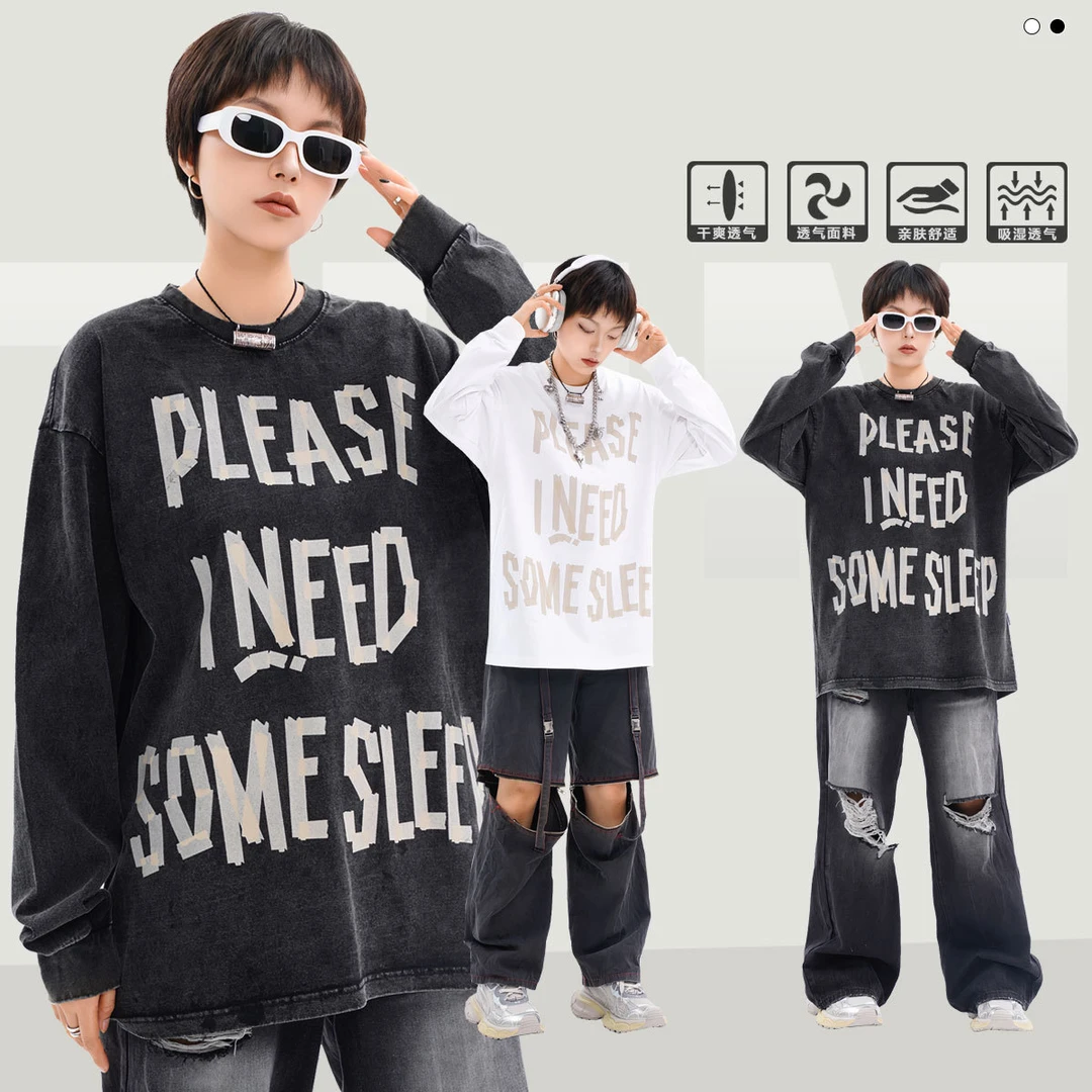 sawp美式字母印花圆领长袖复古风情侣圆领套头舒服宽松休闲潮上衣