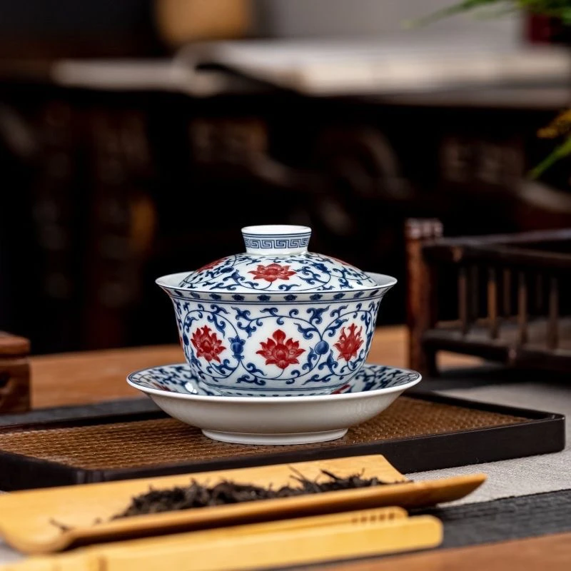 景德镇七丞堂仿古泥釉里红青花缠枝莲陶瓷悬停三才盖 碗功夫茶具