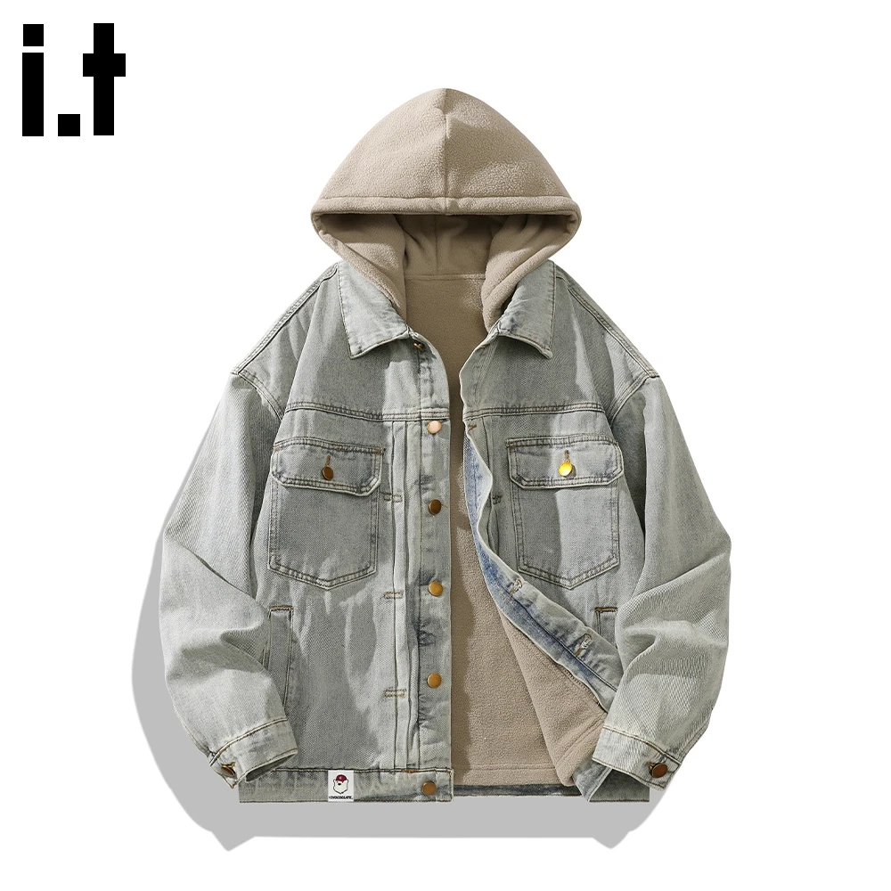 i.t:CHOCOOLATE连帽夹克男士2025秋冬季新款百搭加绒保暖牛仔外套