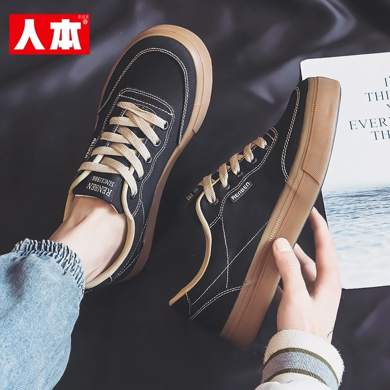 人本帆布鞋男2025春季新款运动潮流百搭休闲男鞋低帮透气板鞋ins