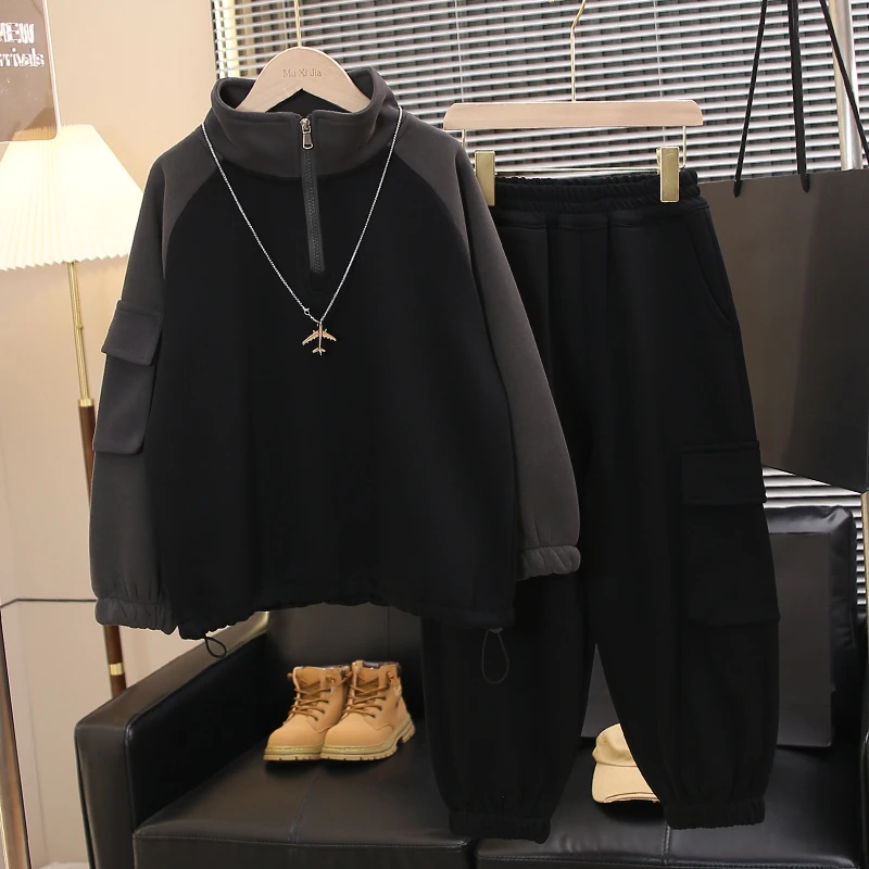 童装一体绒男童加绒套装2025新款儿童秋冬装加厚保暖上衣宽松休闲