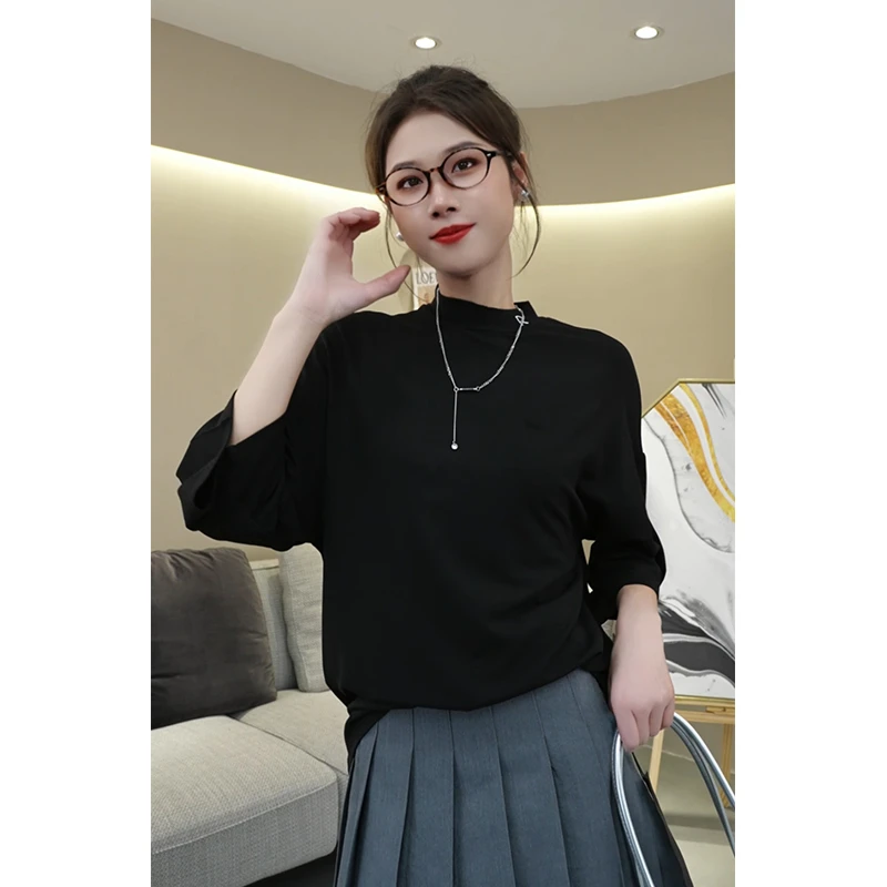 纯色黑色半袖T恤女2025春季新款修身显瘦上衣百搭时尚圆领休闲