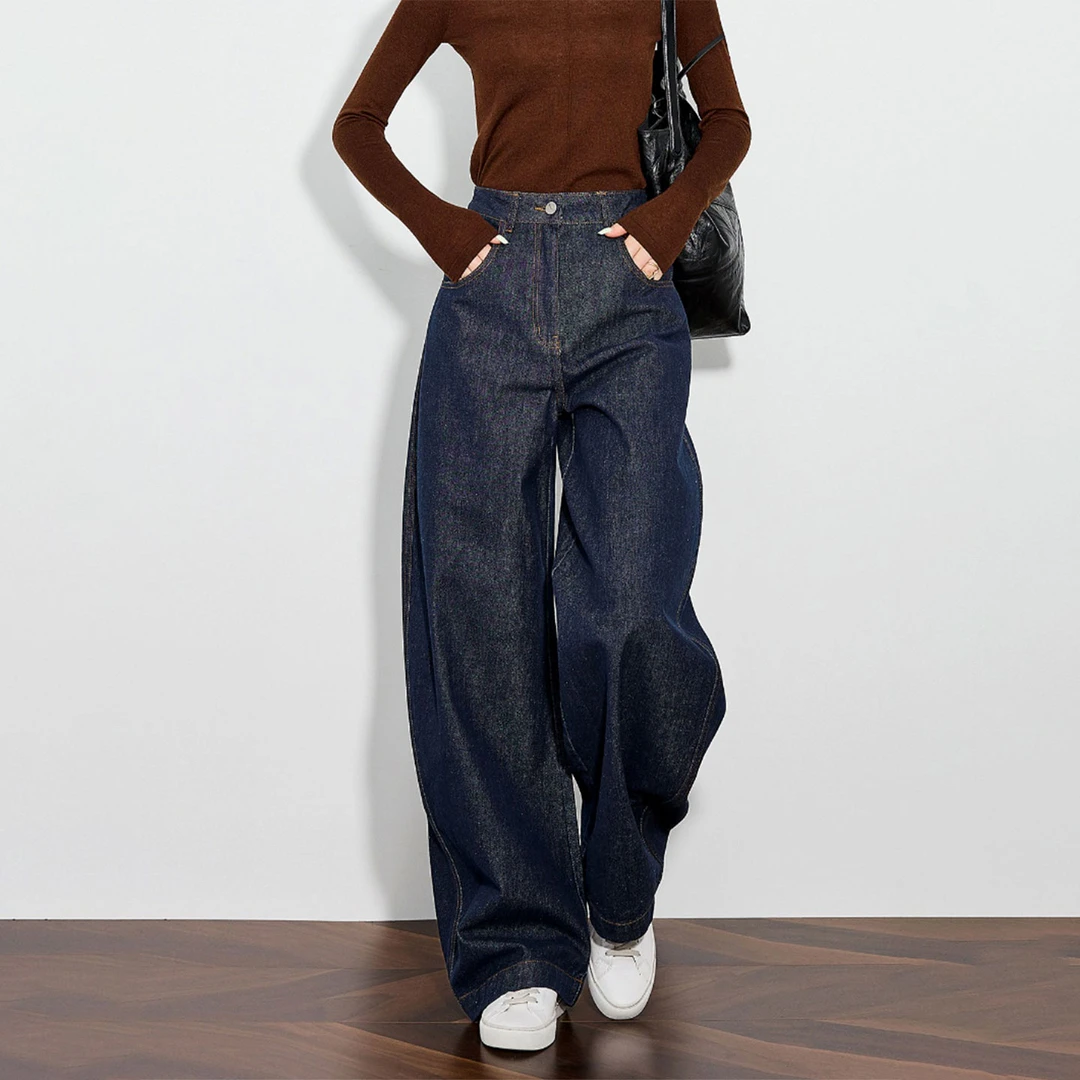 冬季深蓝色高腰遮肉显瘦女牛仔裤大码梨型身材宽松垂感拖地阔腿裤