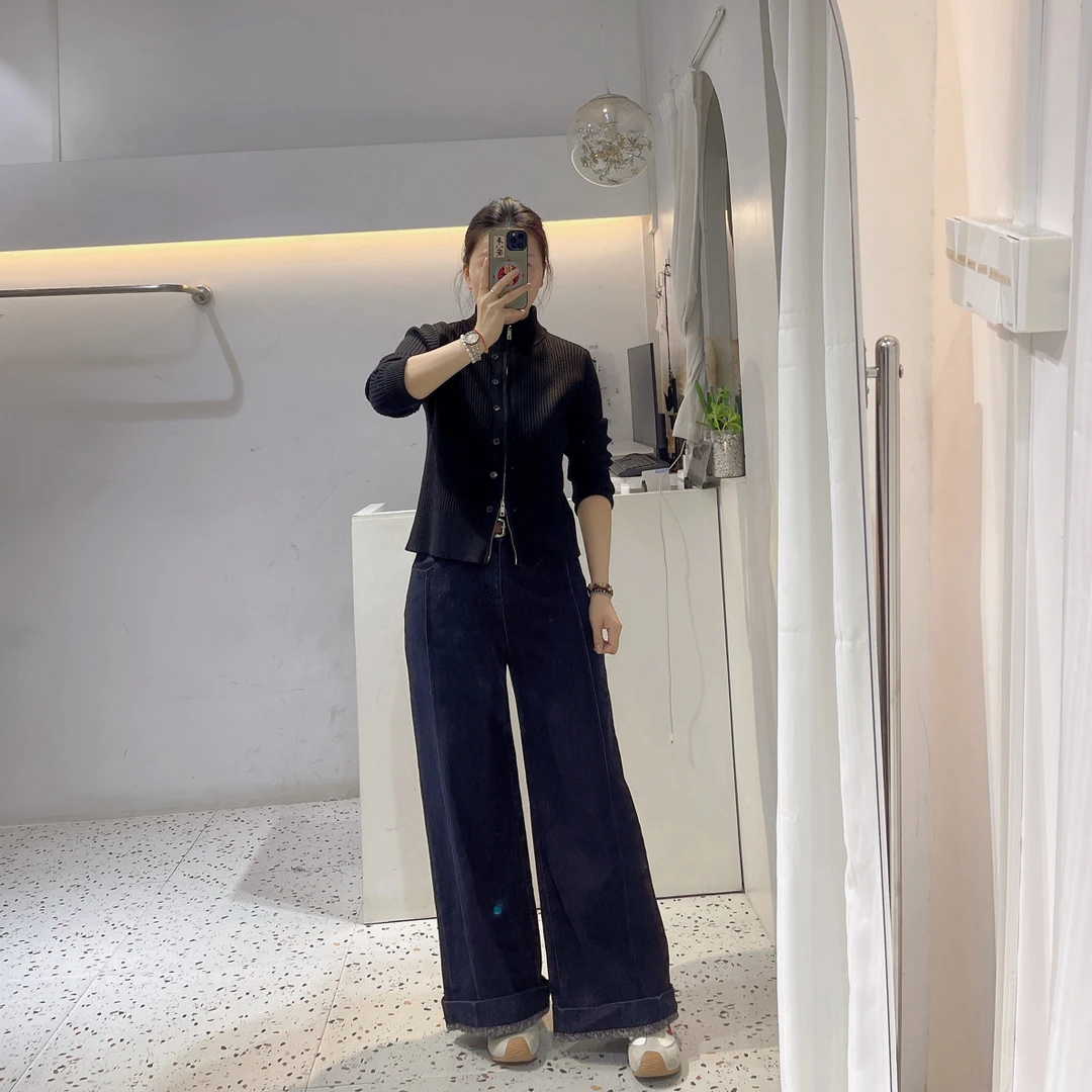 88308特色裤脚中高腰显瘦牛仔阔腿裤