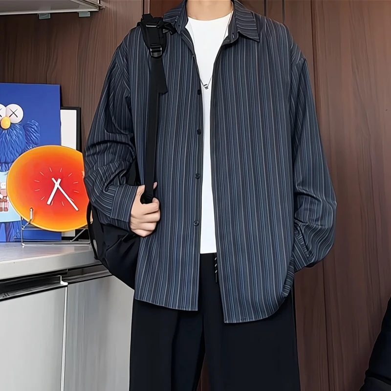条纹长袖衬衫男生早秋老钱风穿搭衬衣痞帅气高级宽松vintage外套