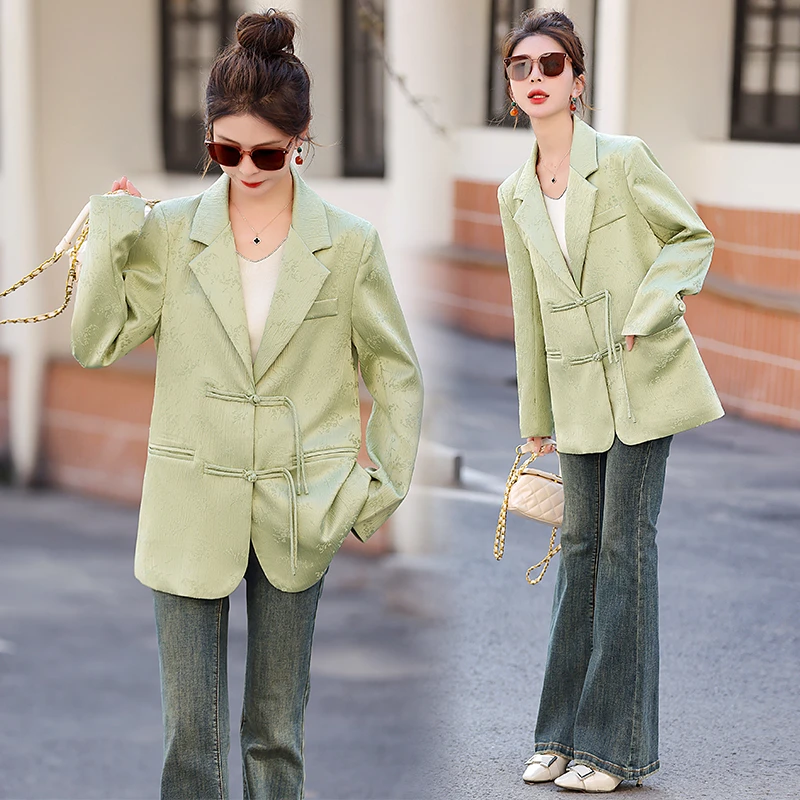 新中式国风提花西装外套女2025年春秋新款复古盘扣文艺范气质上衣