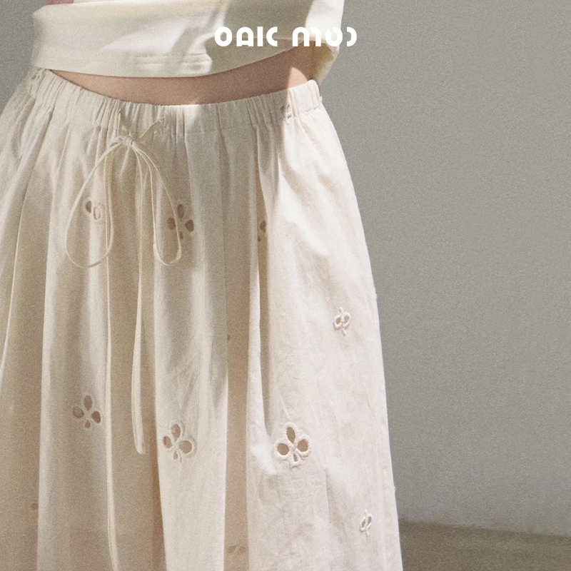 OAKMOO/"给自己的情书"全棉镂空绣花度假休闲裤白色松紧腰阔腿