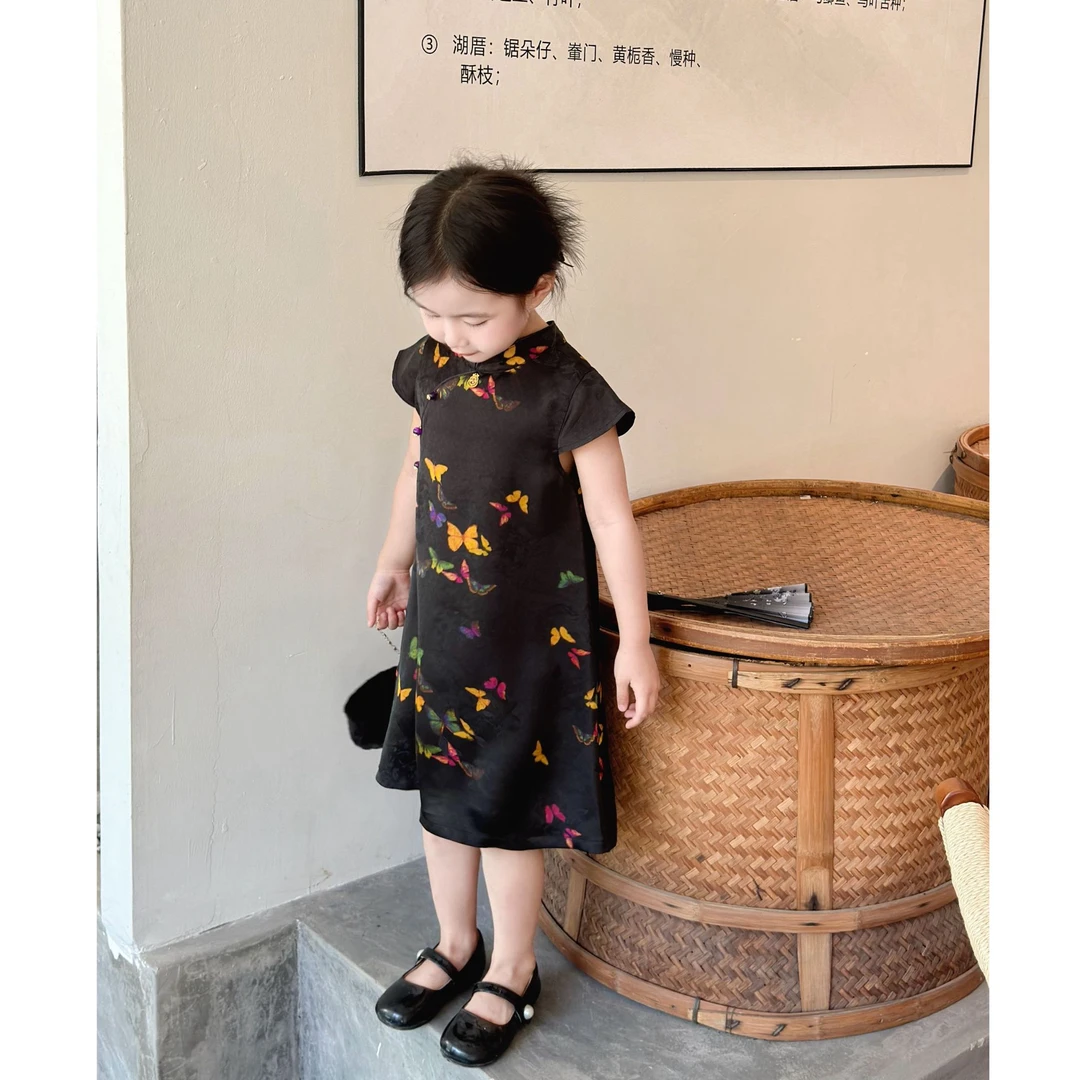 清 现货）壹妈女童新中式黑色旗袍裙童装儿童中国风复古蝴蝶连衣裙