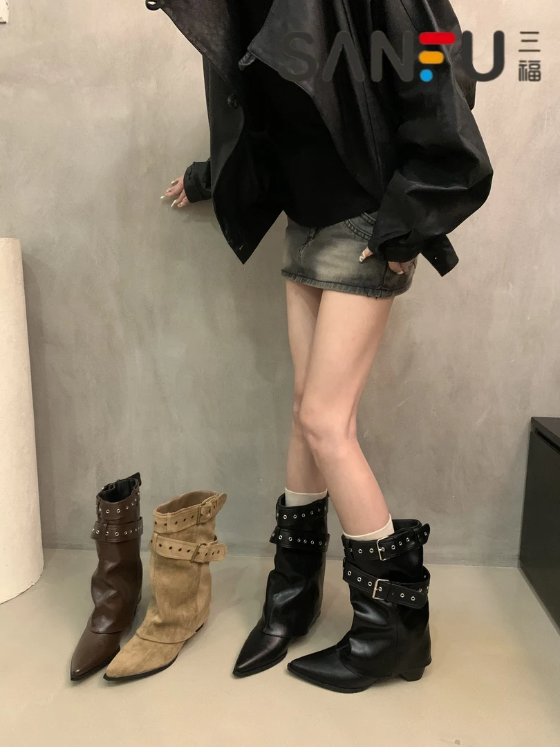 三福赵露思同款美式辣妹皮带扣短筒靴2025早秋新款小众短靴西部靴
