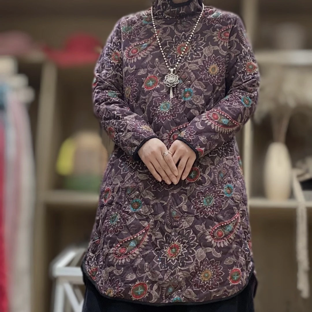 8998#春季复古夹棉中长款连衣裙套头印花文艺民族风裙子