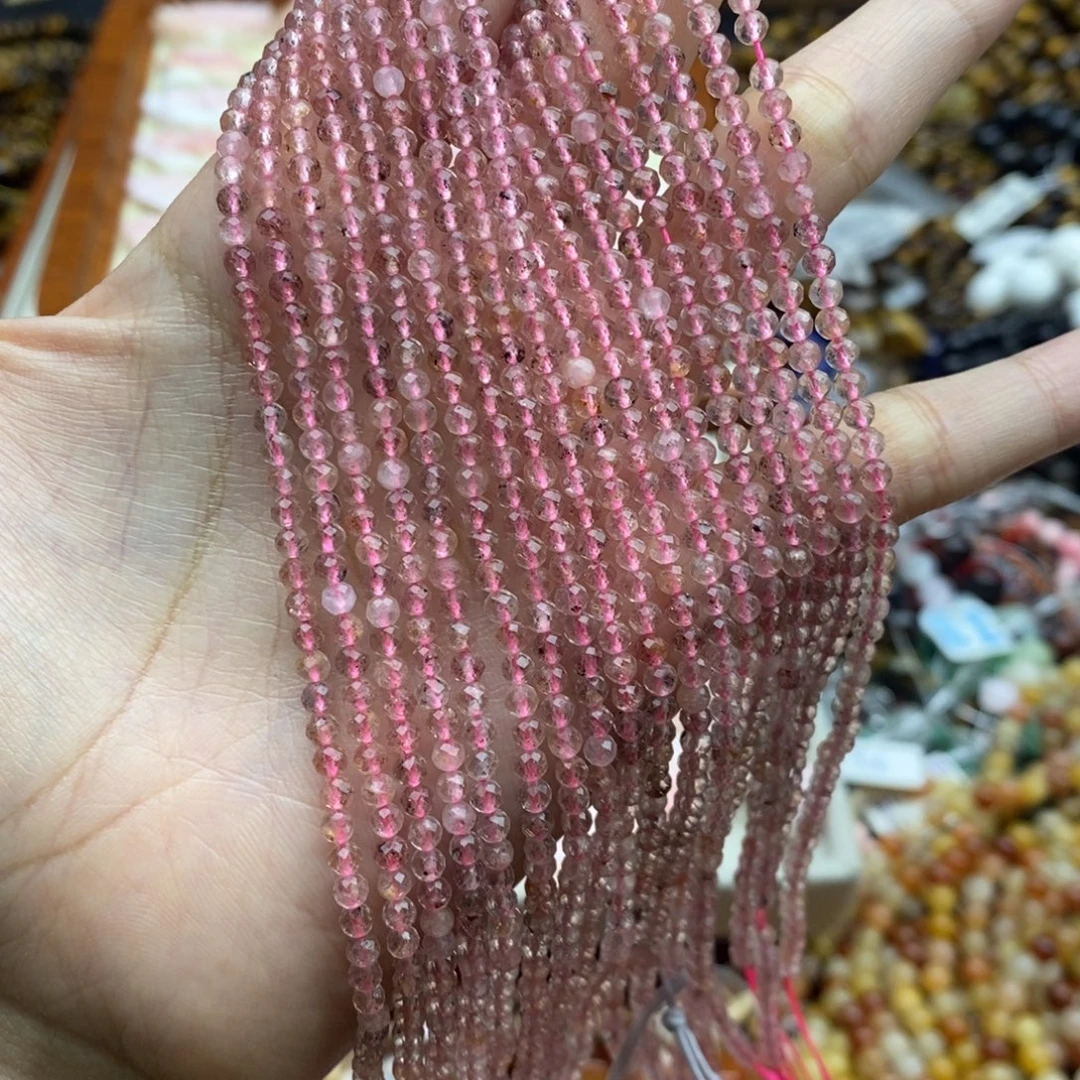玛瑙/玉髓未镶嵌珠宝半成品一条装纯天然切面草莓晶圆珠3mm