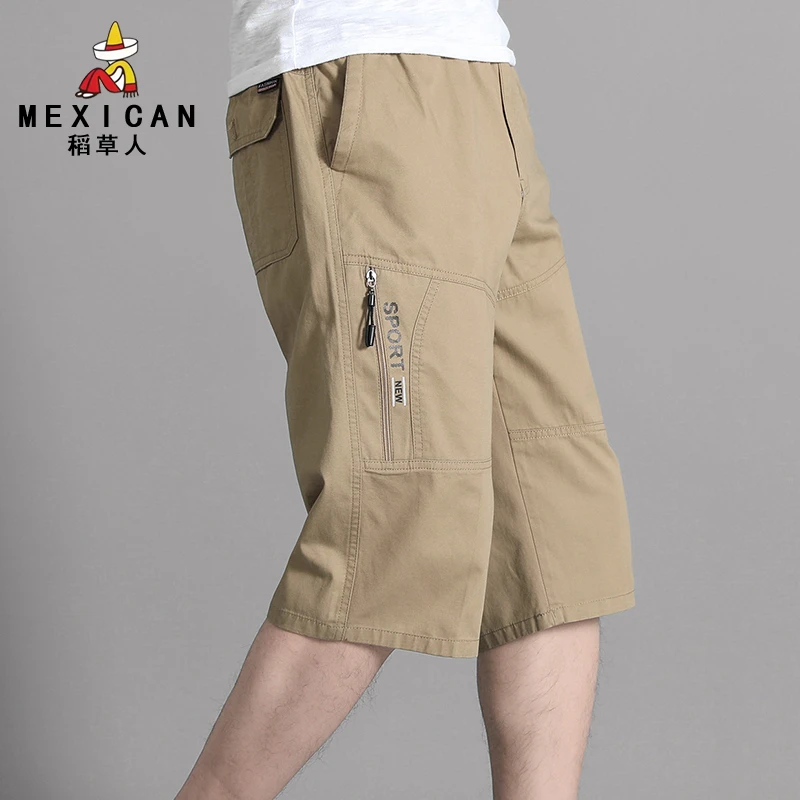 稻草人夏季男士运动裤纯棉耐磨七分裤休闲宽松直筒裤爸爸工装短裤