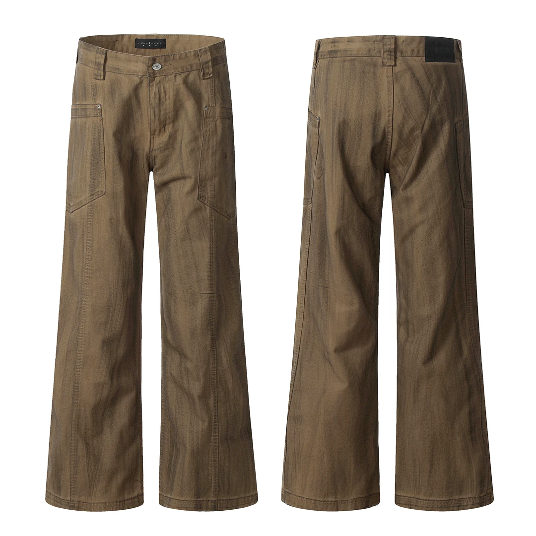 美式高街脏染沙丘色侧边口袋设计感牛仔裤男女宽松直筒长裤