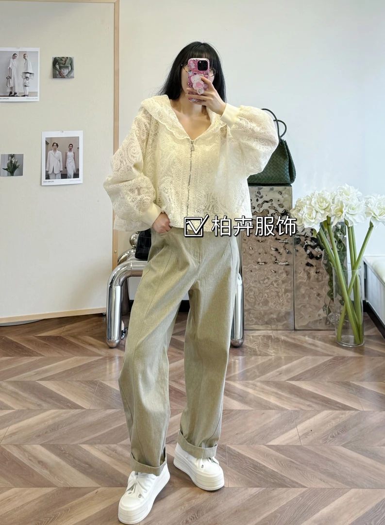 【柏卉服饰】欧货蕾丝连帽拉链外套