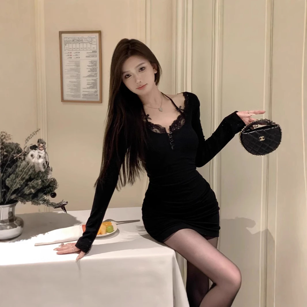 新款网红洋气炸街女装纯欲风蕾丝内搭连衣裙辣妹收腰弹力包臀短裙