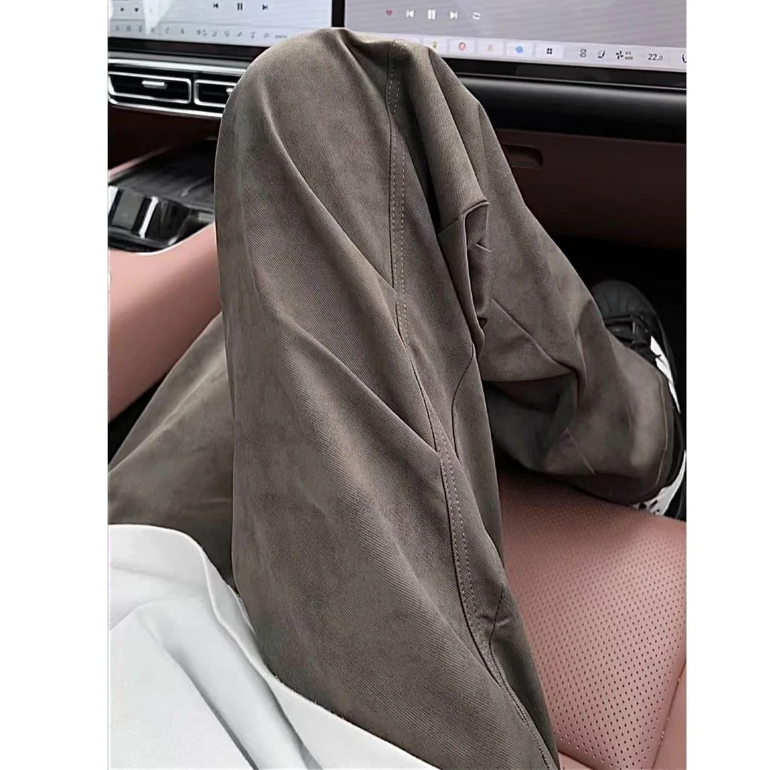 棕色美式复古裤子男春秋季cleanfit直筒宽松vibe半松紧休闲长裤男