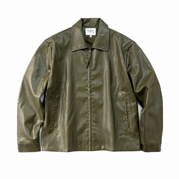 Tension25SS日系休闲翻领复古水洗做旧皮衣拉链外套绿色男士短款