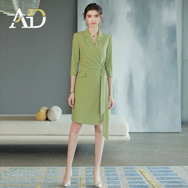 Q755法式高级感绿色职业连衣裙新款气质名媛收腰显瘦西装裙A