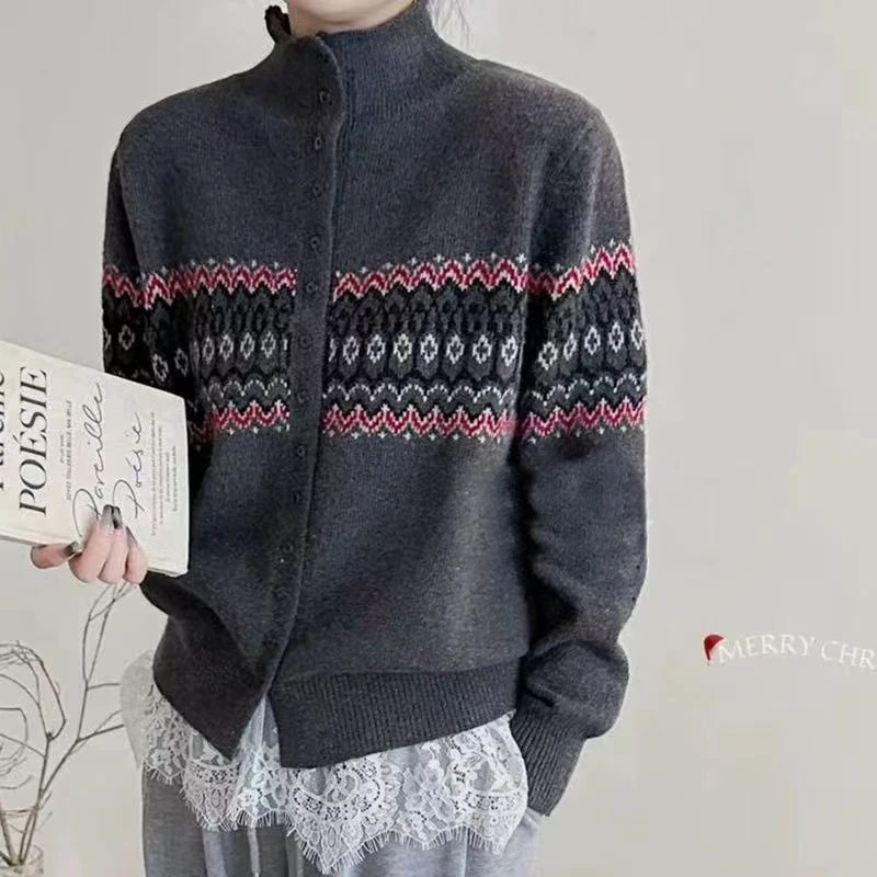 高级灰费尔岛半高领单排扣针织衫毛衣加厚纯色冬季女毛衫