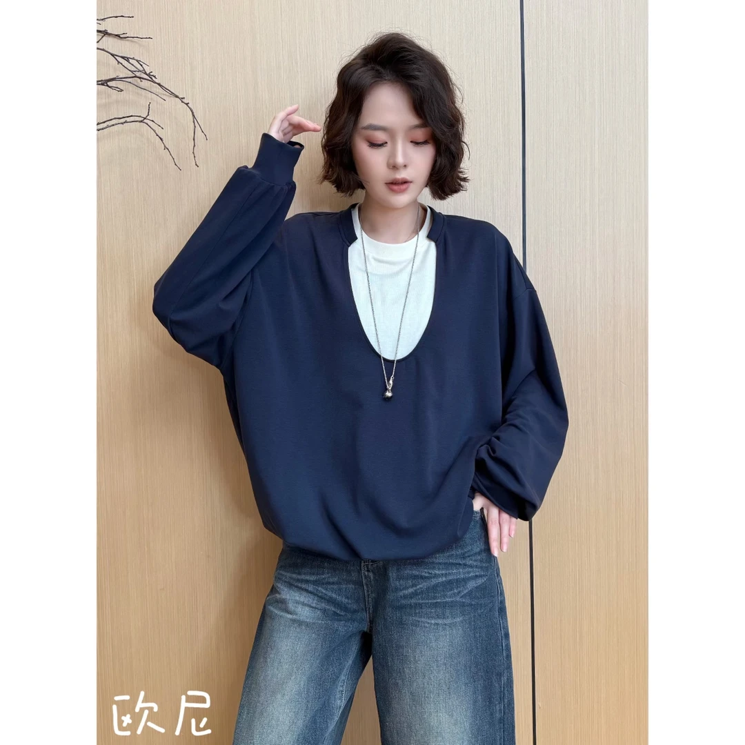 欧尼私服 2025早秋新款简约假两件长袖T恤宽松百搭上衣2508C4823