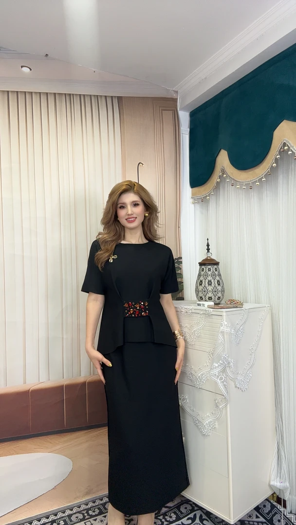 设计师拼接黑色夏季短裤时尚套装礼服裙子气质短袖