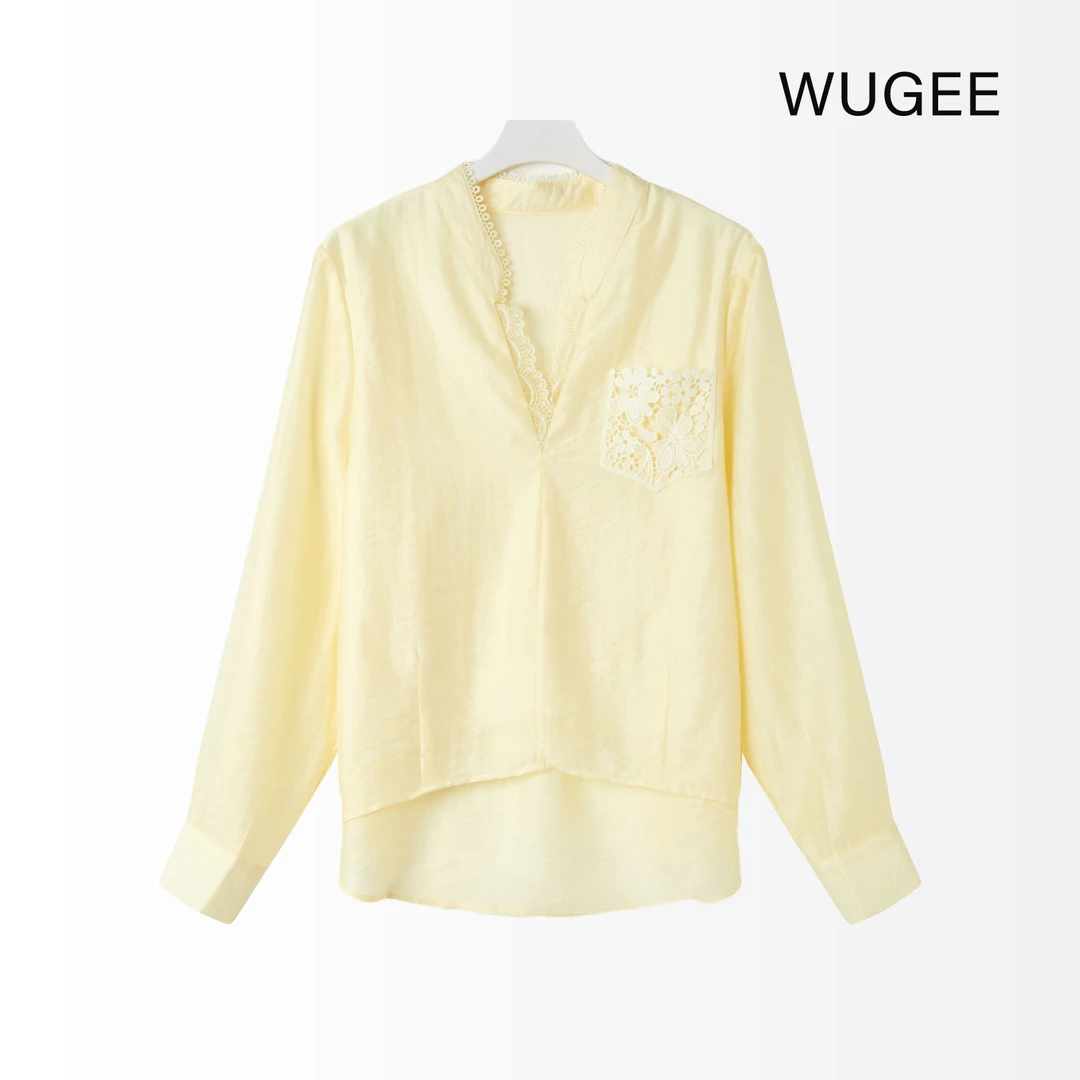 【WUGEE】天丝亚麻拼接蕾丝领百搭休闲气质V领长袖衬衫