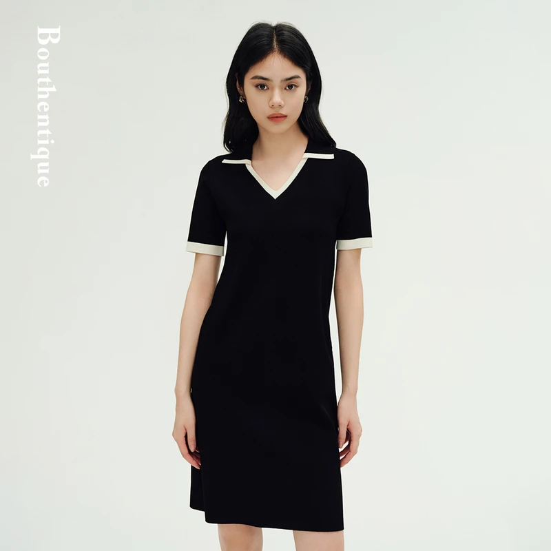 Bouthentique简约时尚V领翻领设计针毛织连衣裙225241D1Z41