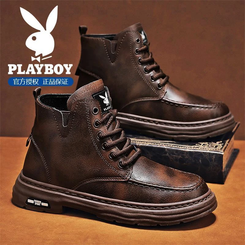 花花公子马丁靴男2025新款冬季复古百搭厚底防滑户外工装靴男鞋子