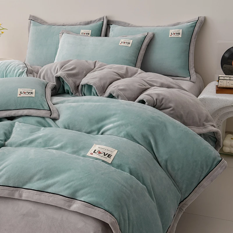 富安娜A类母婴级加厚8-9斤高克重牛奶绒四件套秋冬双面绒床上用品