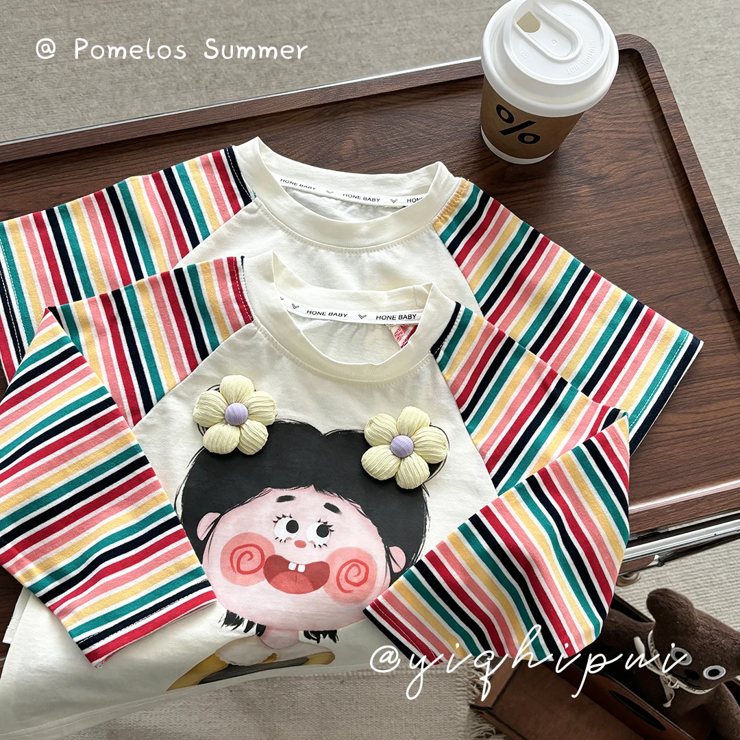 女宝宝卡通彩色条纹长T2025春季新款小女孩韩版可爱上衣休闲春装