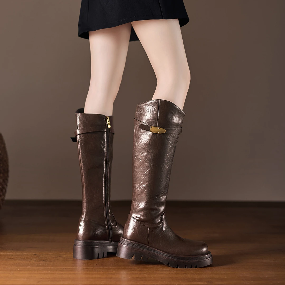 5cm小个子厚底帅气骑士靴手抓牛皮棕色马丁靴高筒靴不过膝长靴子