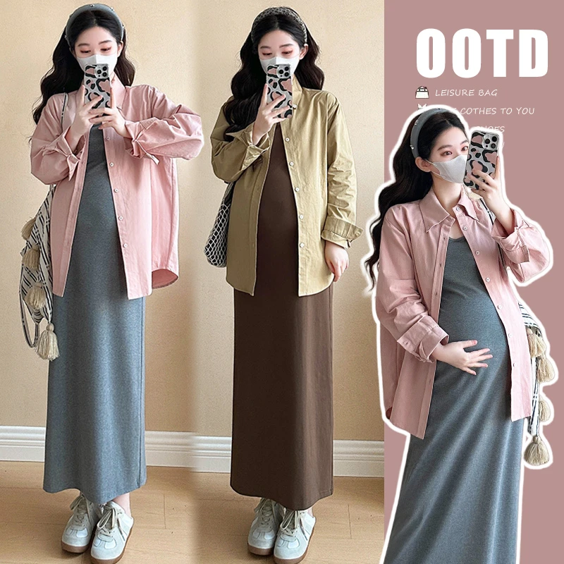 时尚小个子2025 春季新品 纯棉吊带连衣裙+韩版衬衣孕妇套装