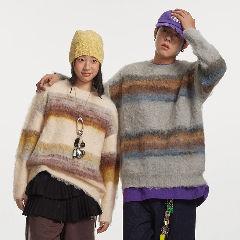 江南先生美式复古圆领彩条百搭休闲针织毛衣男女秋冬保暖JN44J17