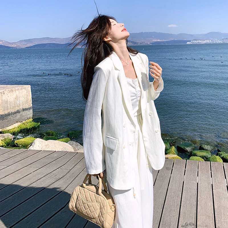 白色亚麻西装套装女2025春季新款高级感气质又a又飒阔腿裤两件套