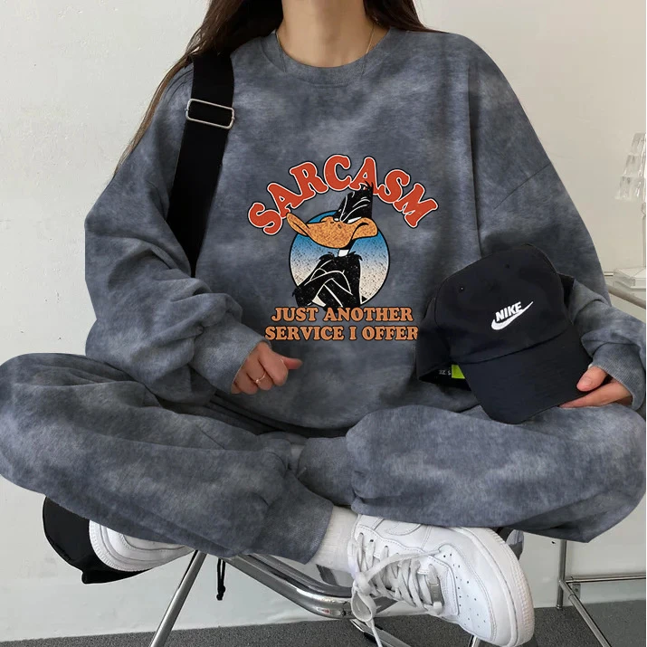 时尚衣橱~高级感休闲显瘦圆领卫衣套装女秋冬加绒薄款两件套装
