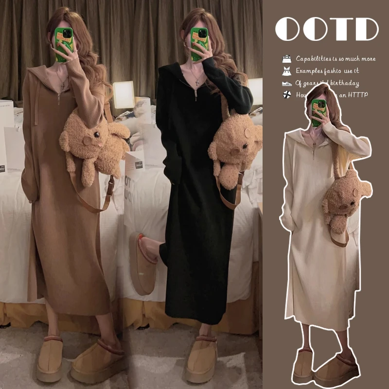 孕妇裙秋装连衣裙2025新款韩版宽松大码长袖连帽针织长裙秋季裙子